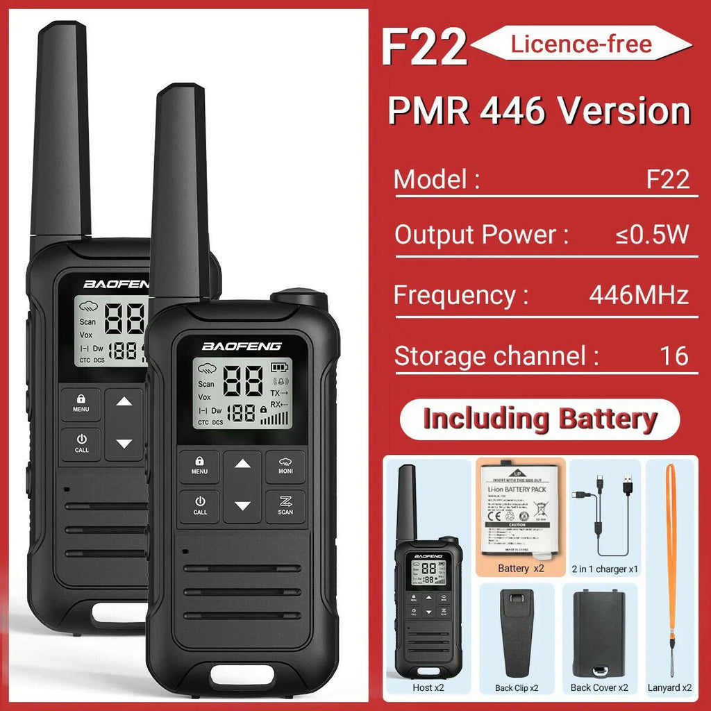 2Pcs Baofeng F22 PMR446 FRS Mini Walkie Talkie Licence-free Portable VOX Type-C Charger Long Range 2-Way Radio for Camping Hotel-WAYBIKER