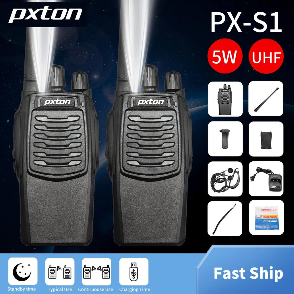 Pxton S1 Walkie Talkies for Adults Long Range,5W UHF Handheld Rechargerble Two Way Radio with Flashlight and Charger Dock 2 PCs-WAYBIKER