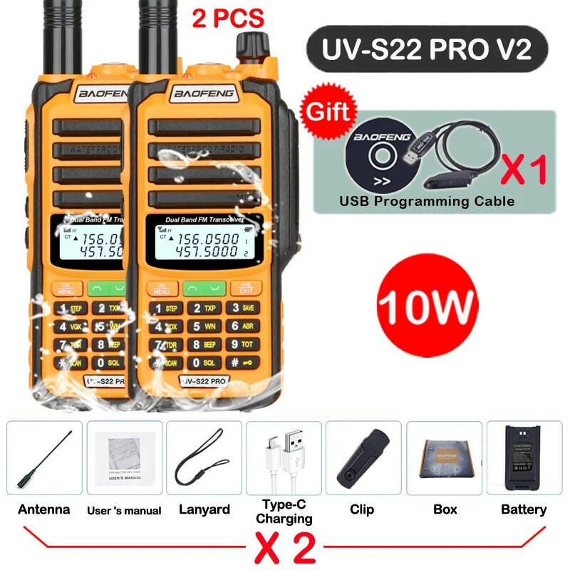 2pcs Baofeng Professional Walkie Talkie 10W Powerful UV S22 PRO IP68 Waterproof VHF UHF Dual Band Two Way CB Ham Radio For Hunt