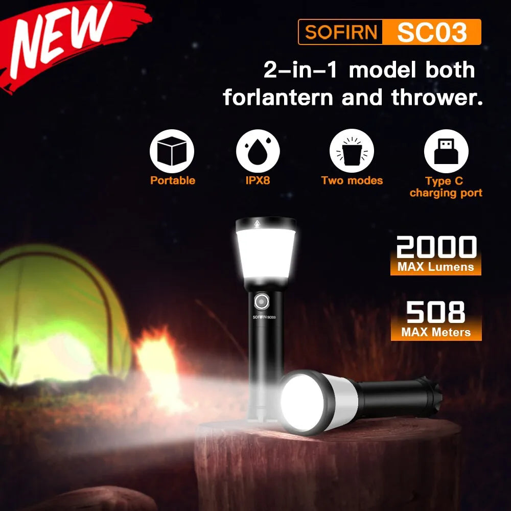 Sofirn SC03 Camping Light 2in1 2000LM Powerful Flashlight USB C Rechargeable 21700 Lantern Outdoor Torch with Combo Side Light