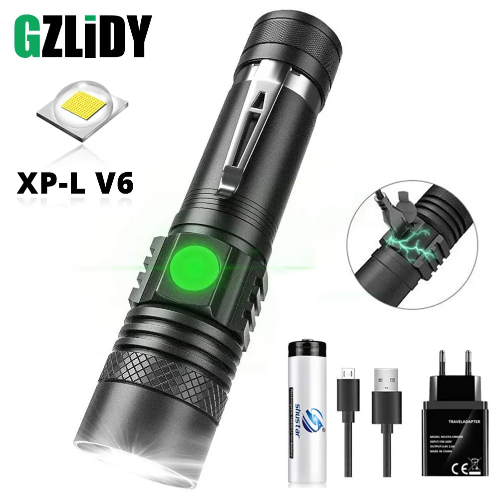 USB Rechargeable LED Flashlight Super Bright V6 Tactical Torch 4 Lighting Modes Zoomable Lamp Waterproof 18650 Camping  Lantern-WAYBIKER