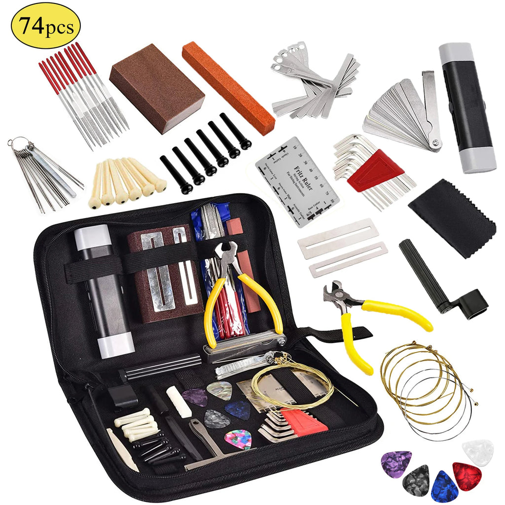 16/57/74pcs Guitar Tool Kit with Carry Bag Repair Tools String Action Ruler Luthier File Guitar Bridge Pins for Guitar Ukulele-WAYBIKER