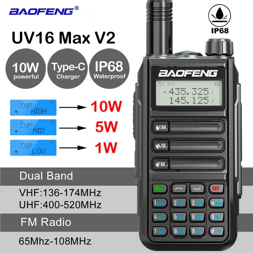 2023 Baofeng UV16 MAX V2 Walkie Talkie 10W VHF UHF Dual Band Two Way CB Ham Radio UV-16 Portable Radio Transceiver UV5R UV82-WAYBIKER