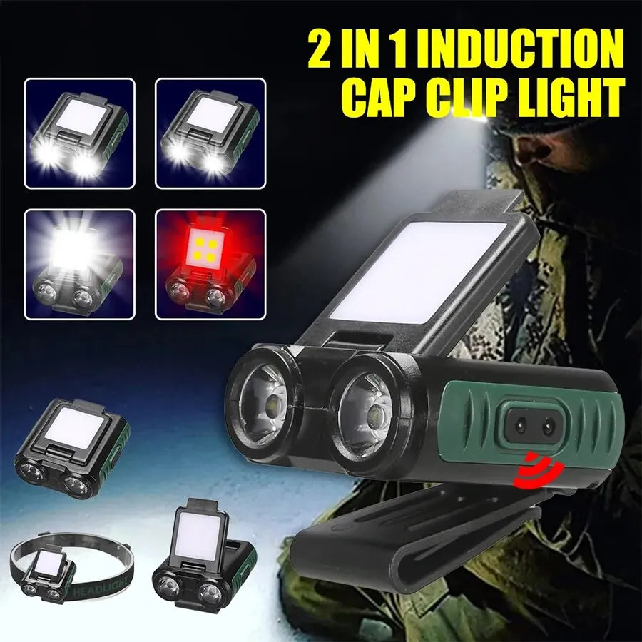 Sensor COB LED Headlamp Cap Clip Light USB Rechargeable Head Flashlight Built-in Battery Headlight Led Head for Fishing Camping-WAYBIKER