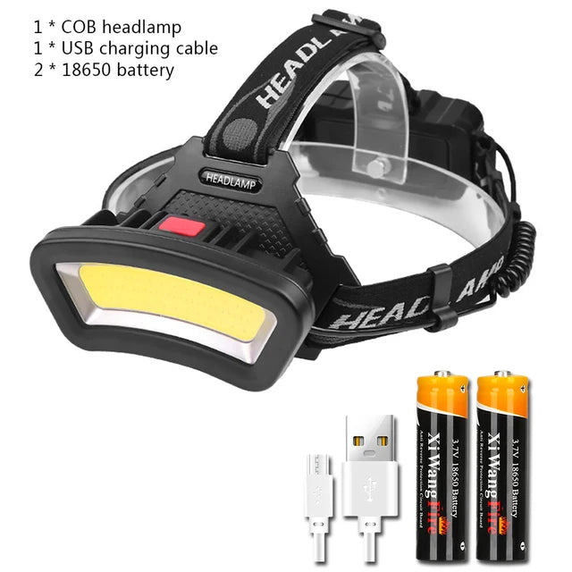 Multifunctional COB LED Wide Angle Headlight Use 2*18650 Battery USB Rechargeable Head Lamp Outdoor Waterproof Fishing Lantern-WAYBIKER