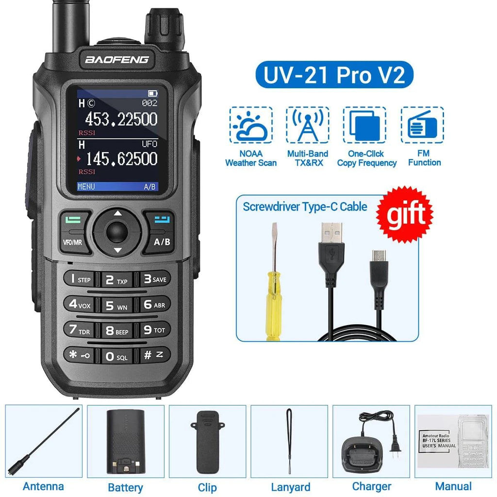 Baofeng UV-21 Pro V2 Walkie Talkie Wireless Copy Frequency Type-C Charger Long Range Waterproof Flashlight UV-5R Ham Radio-WAYBIKER