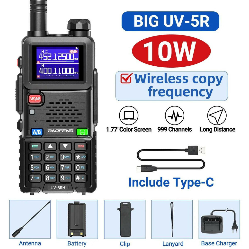 Baofeng UV 5RH 10W Wirless Copy Frequency Walkie Talkie 999CH USB Type-C Charger Upgraded UV 5R Transceiver Ham Two Way Radio-WAYBIKER