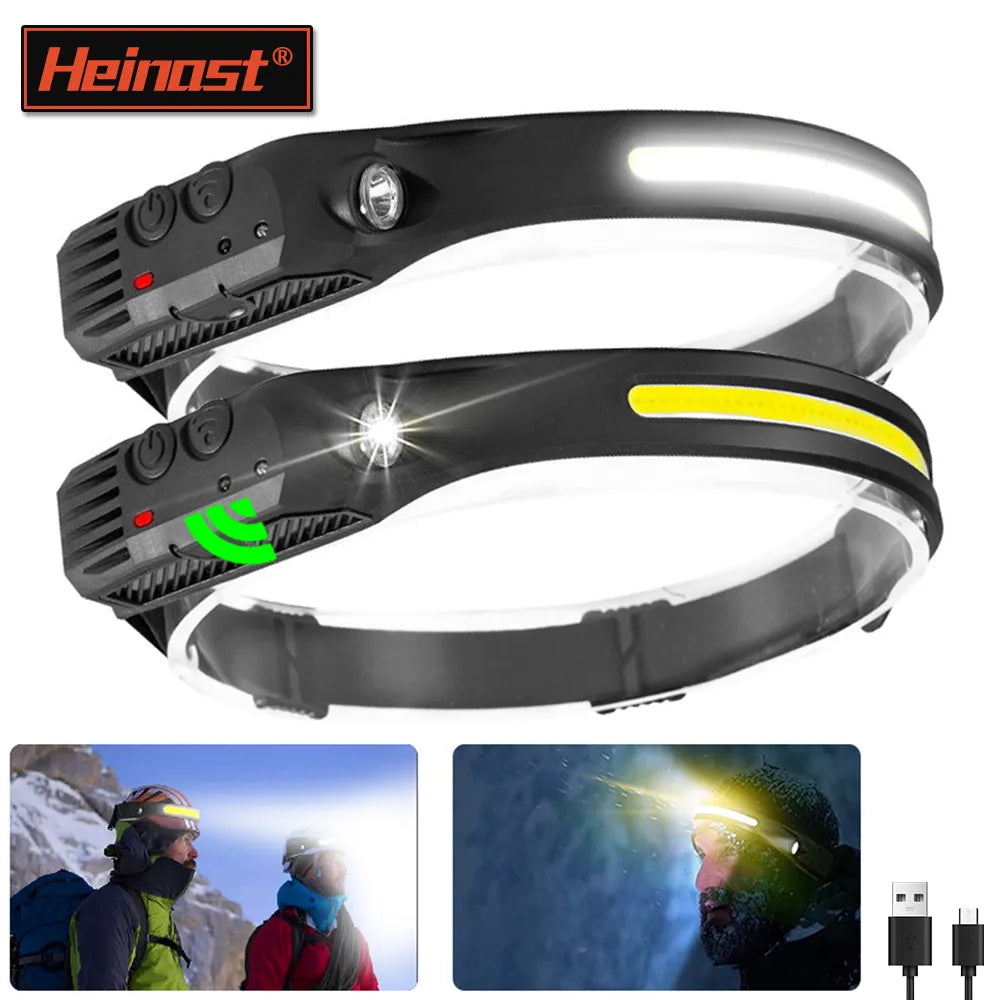 Sensor Headlamp COB LED Head Lamp Flashlight USB Rechargeable Head Torch 5 Lighting Modes Head Light with Built-in Battery-WAYBIKER