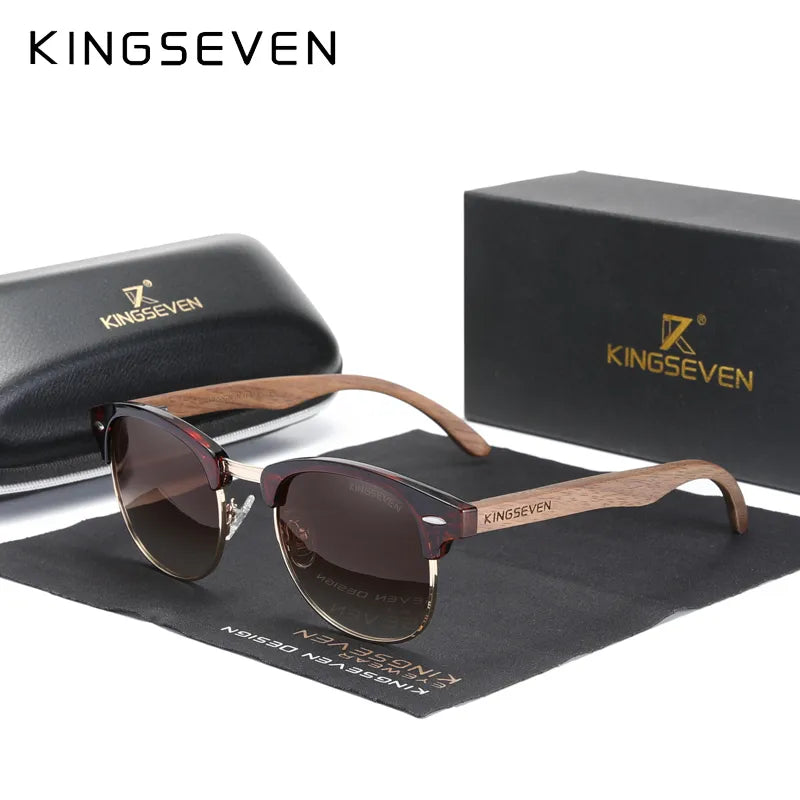 KINGSEVEN 2023 Quality Upgrade Walnut Wooden Sunglasses Men Polarized Semi-Rimless UV400 Protection Retro Eyewear Women-WAYBIKER
