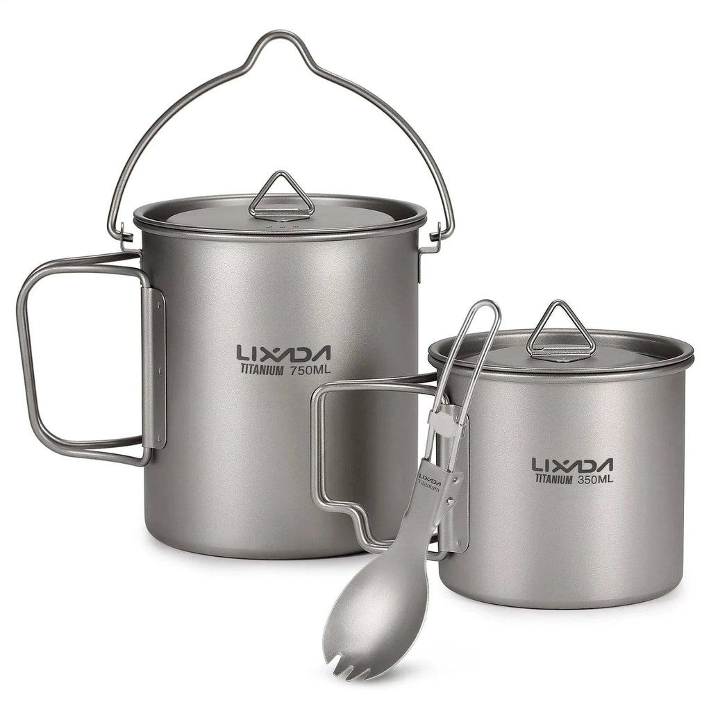 Lixada 1pc/3pcs Lightweight Titanium 750ml Pot or 350ml Water Cup Mug with Lid Collapsible Handle for Outdoor Camping-WAYBIKER