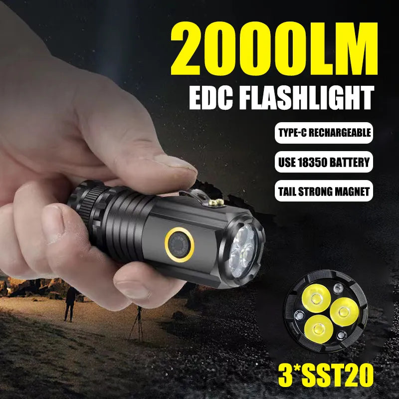 Powerful Portable Mini LED Flashlight 2000LM 3LED Ultra Strong Light 18350 Built-in Battery USB Rechargeable With Magnet Torch-WAYBIKER