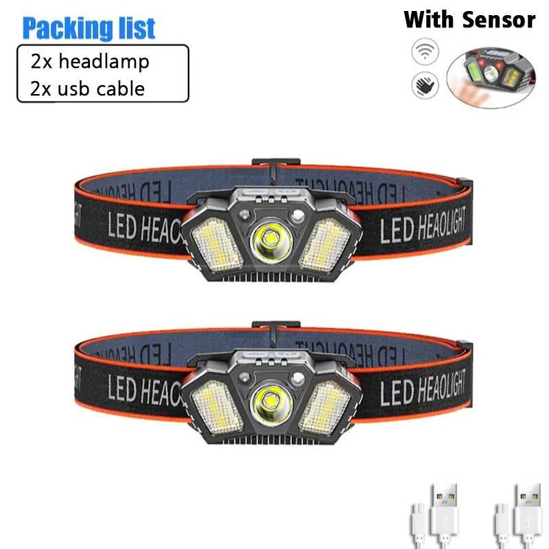 Rechargeable Headlamp Portable LED Headlamp Outdoor Fishing Flashlight Built-in Battery Wave Induction Motion Sensor Headlight-WAYBIKER