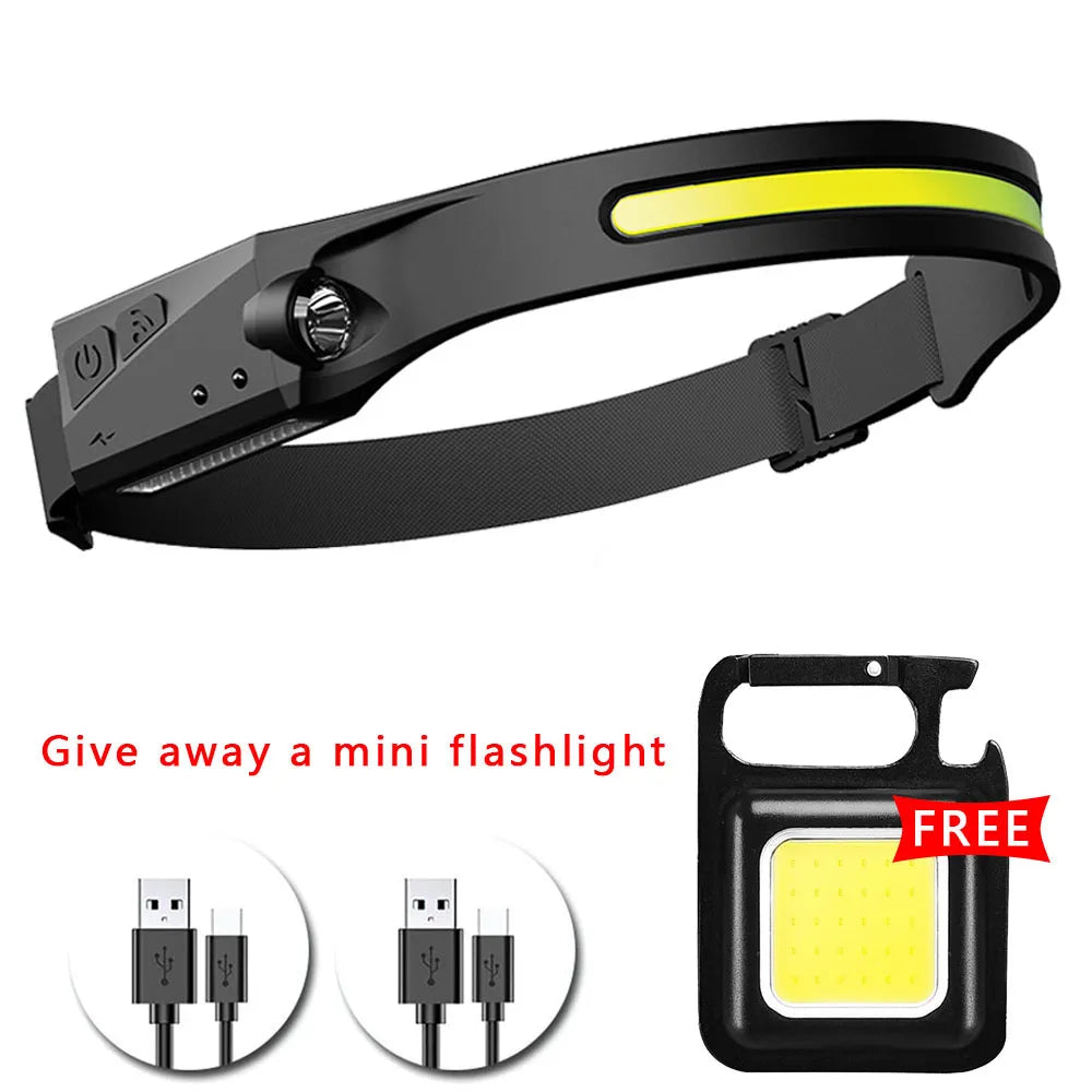 1-5PCS Induction Headlamp COB LED Head Lamp with Built-in Battery Flashlight USB Rechargeable Torch Outdoor Lighting Work Light-WAYBIKER