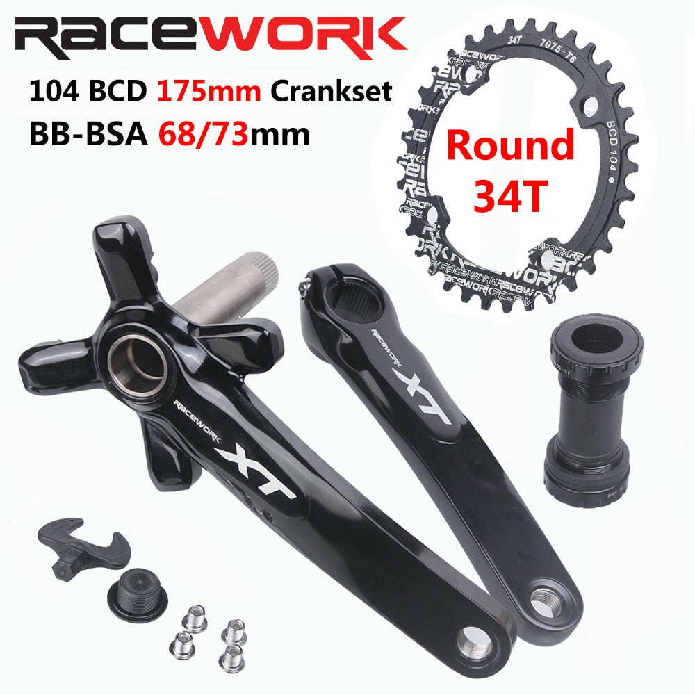 RACEWORK XT MTB Bicycle Crankset 104BCD Mountain Bike Crank 170mm 175mm Hollowtech Integrated Cranks 32/34/36/38T Chainring-WAYBIKER