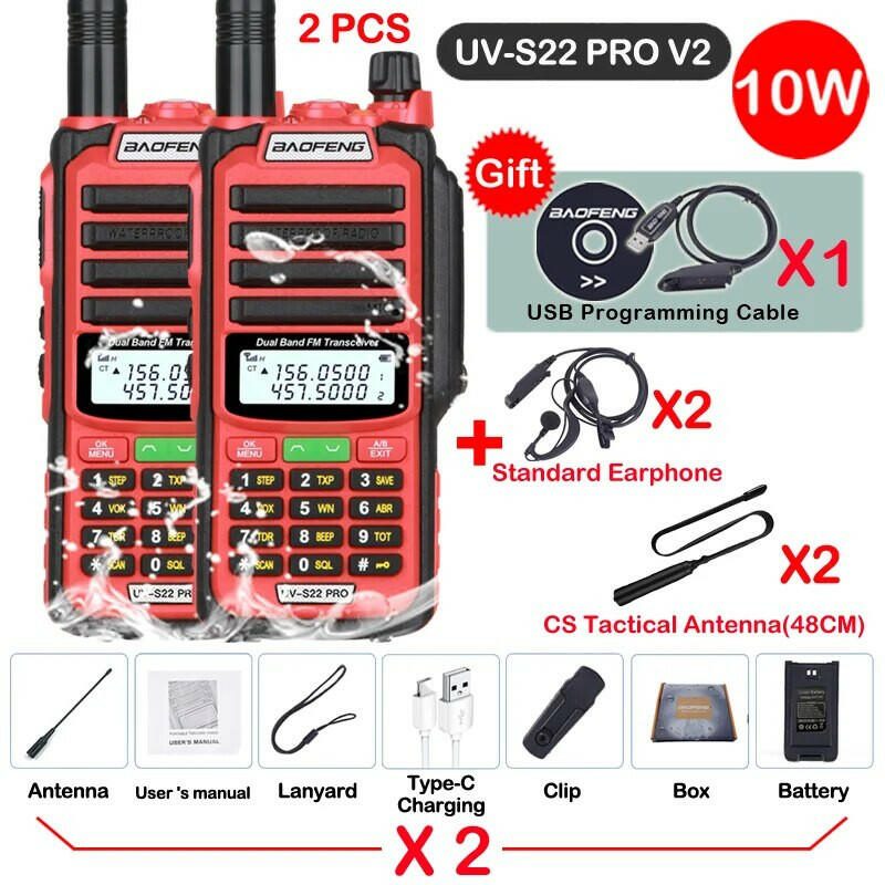 2pcs Baofeng Professional Walkie Talkie 10W Powerful UV S22 PRO IP68 Waterproof VHF UHF Dual Band Two Way CB Ham Radio For Hunt-WAYBIKER