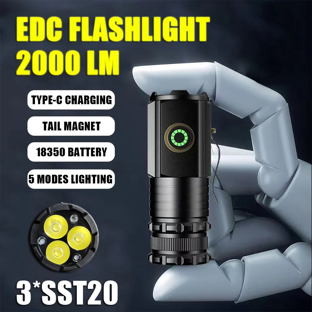 High Power 3 LED Mini LED Flashlight 2000LM SST20 Portable EDC Torch TYPE-C Rechargeable IP68 Camping Lantern with Tail Magnet-WAYBIKER