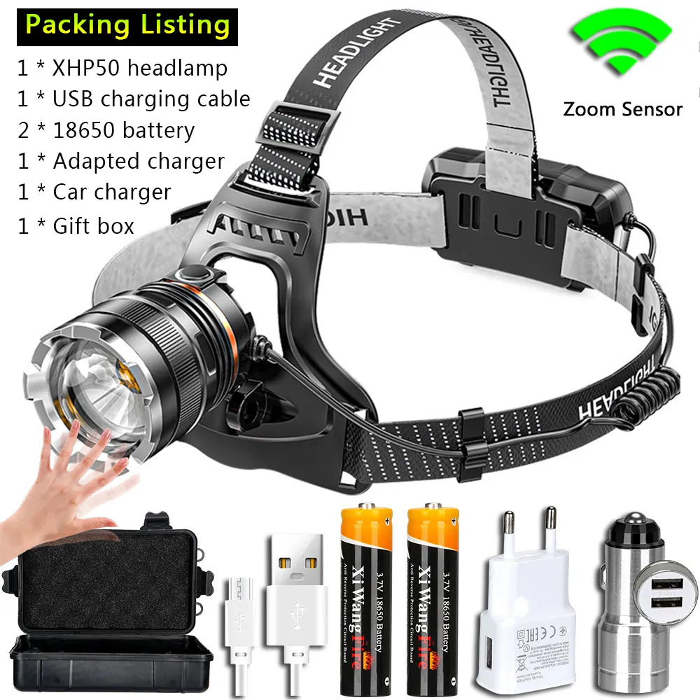 Super Powerful XHP70 Led Headlamp Induction Zoom Headlight XHP50 Rechargeable Head Flashlight Use 3x18650 Battery for Camping-WAYBIKER