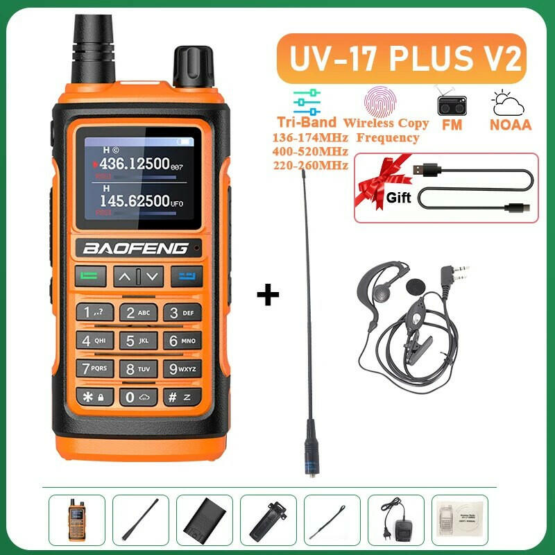 UV-17 Plus V1 V2 Baofeng Walkie Talkie 10W Type C Charging Dual/Tri Band Optional No Pro NOAA 1.77 Inch LCD Screen FM Waterproof-WAYBIKER