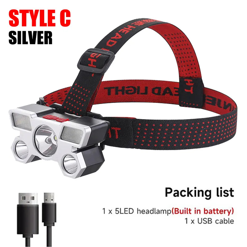 5 LED Headlamp Rechargeable with Built in 18650 Battery Strong Light Headlight Camping Adventure Fishing Head Light Flashlight-WAYBIKER