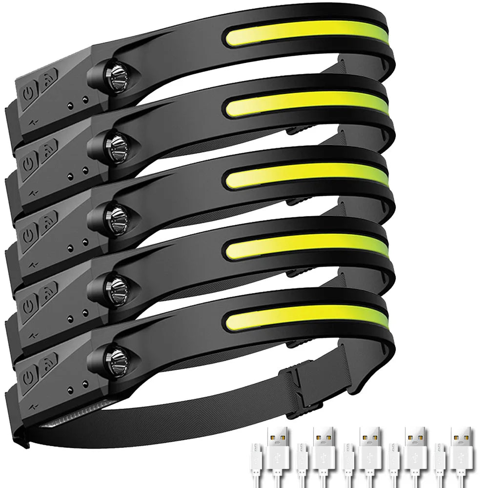 1-5PCS Induction Headlamp COB LED Head Lamp with Built-in Battery Flashlight USB Rechargeable Torch Outdoor Lighting Work Light-WAYBIKER