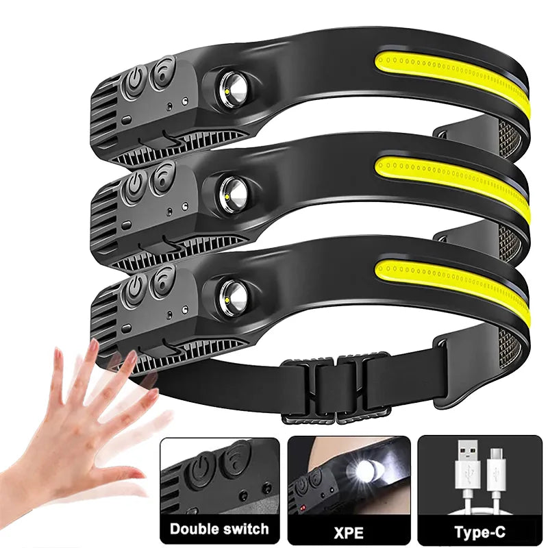 Powerful Portable LED Sensor Headlamp Built-in Battery USB Rechargeable Headlight 5 Lighting Modes Outdoor Fishing Camping Lamp-WAYBIKER