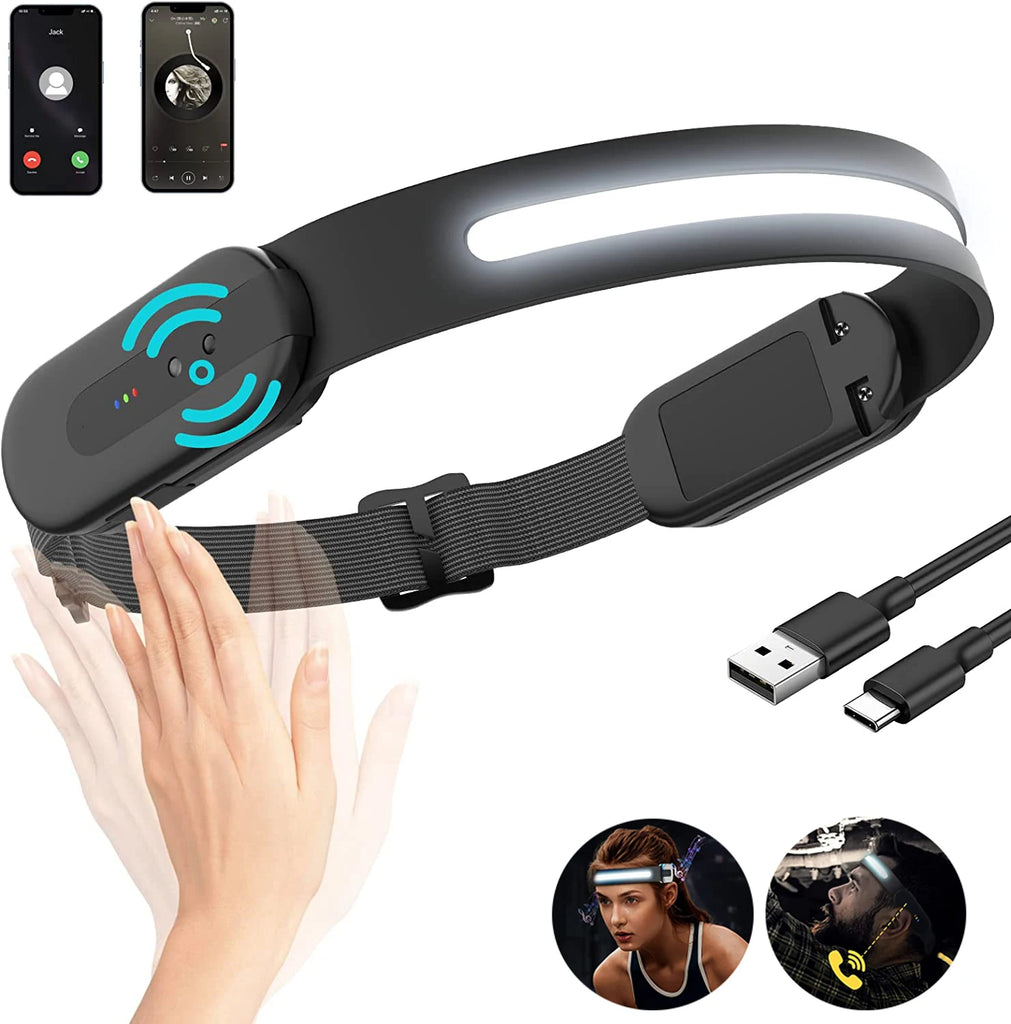 Bluetooth LED Headlamp Rechargeable Bright Headlight with Motion Sensor,Phone & Music Function Torch for Outdoor Running Camping-WAYBIKER