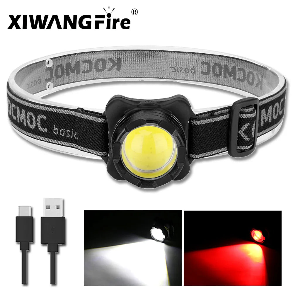 COB LED Headlamp USB Rechargeable Headlight Waterproof Head Lamp White Red Lighting with Built-in Battery-WAYBIKER