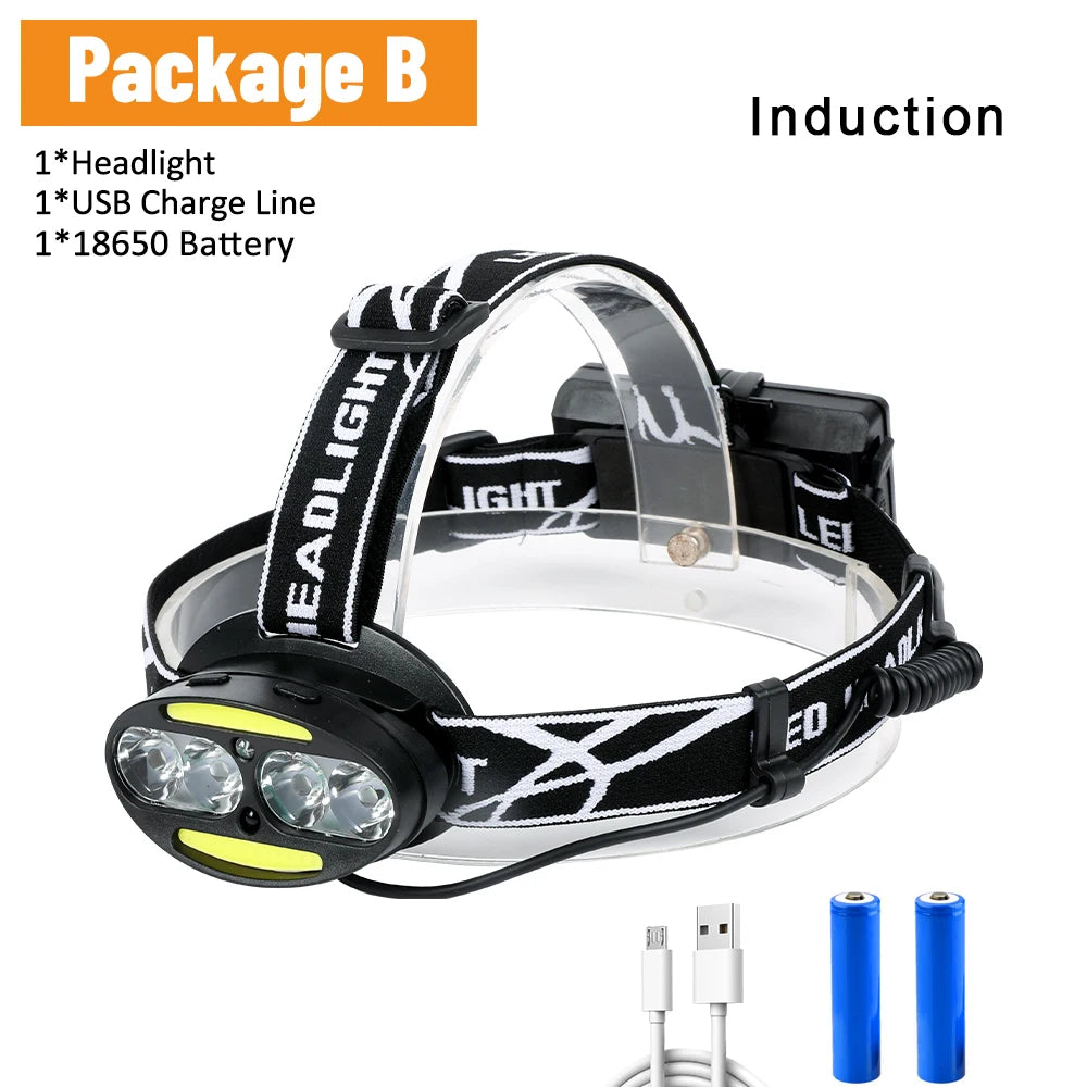 Cyclezone Induction Head Light LED T6 Headlamp COB 7 Modes Lantern For Outdoor Night Fishing Camping USB Charging Head Torch-WAYBIKER