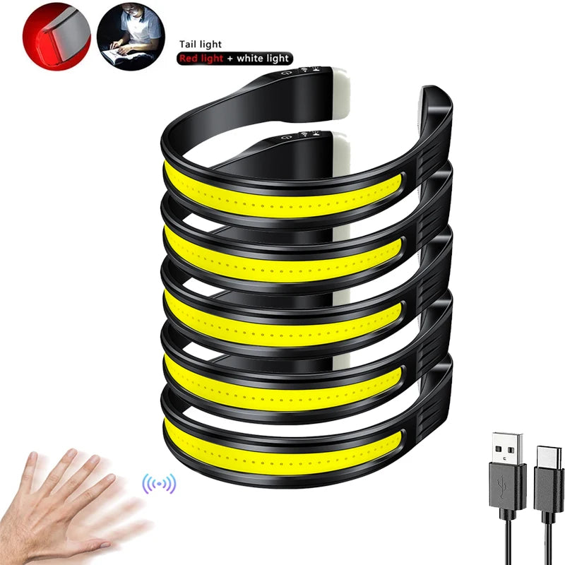 Running Headlamp USB C Rechargeable Built-in Battery Strong Light Fishing Reading Headlight with Tail Red and White Light-WAYBIKER