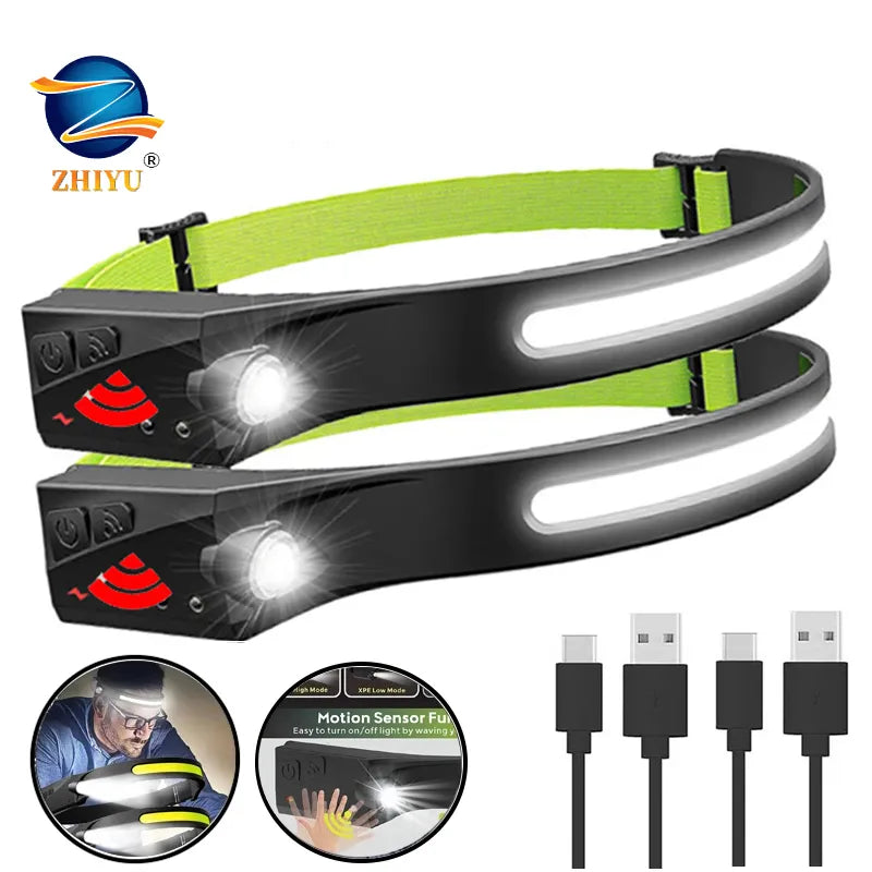 1~2PCs Work Light Sensor COB LED Headlamp Camping Headlight outdoor Flashlight USB Rechargeable Head Lamp Torch 5 Mode-WAYBIKER