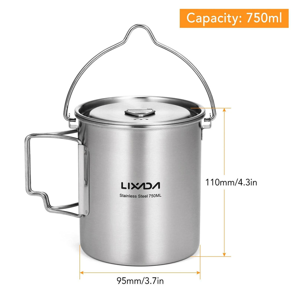 Lixada 750ml Stainless Steel Pot with Lid Hanging Portable Foldable Handle Water Cup for Outdoor Camping Cooking Hiking Picnic-WAYBIKER