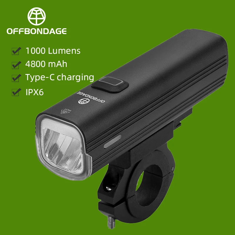 OFFBONDAGE Bike Front Light Rainproof USB Rechargeable Bicycle Light 1000LM Cycling Headlight LED 4800mAh Flashlight Bike Lamp