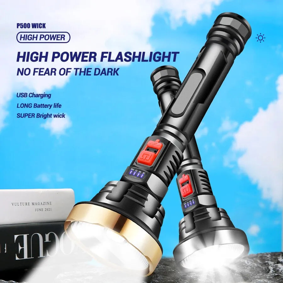 Big Strong Light LED Flashlight USB Rechargeable Tactical Hunting Camping Lantern Built in Battery Flash Light Power Display-WAYBIKER