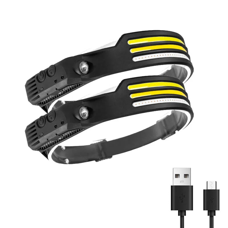 Multifunctional induction headlights 3 COB White red yellow light USB Rechargeable Head Torch 10 Lighting Modes Head Light-WAYBIKER