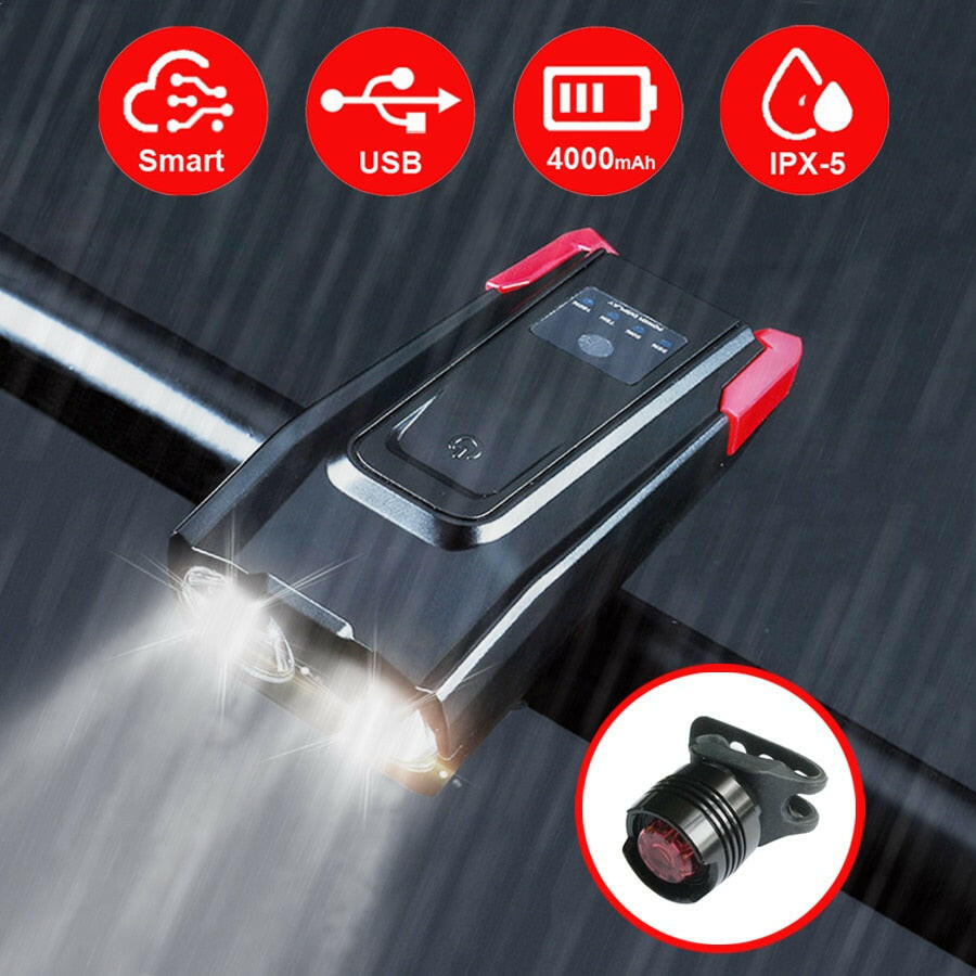 4000mAh Induction Bicycle Front Light Set USB Rechargeable Smart Headlight With Horn 800 Lumen LED Bike Lamp Cycling FlashLight-WAYBIKER