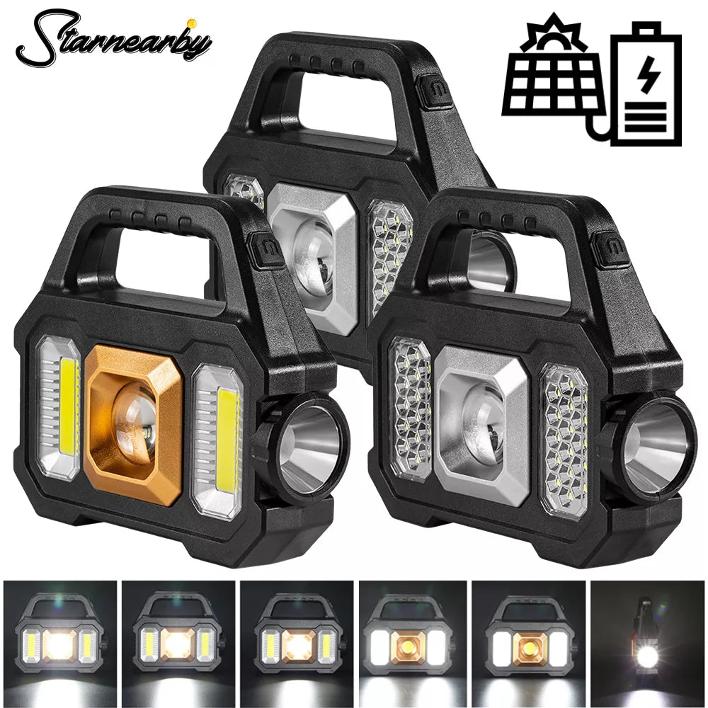 Solar Led Flashlight Power Bank Super Bright COB Work Lights Portable Searchlight USB Rechargeable Lantern Outdoor Camping Light-WAYBIKER