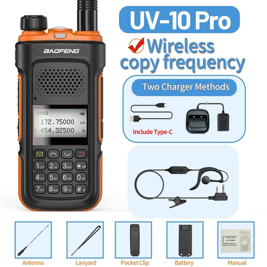 Baofeng UV-10 Pro Walkie Talkie Wireless Copy Frequency Dual Band 999CH Type-C Long Range High Power UV-5R Ham Two Way Radio-WAYBIKER