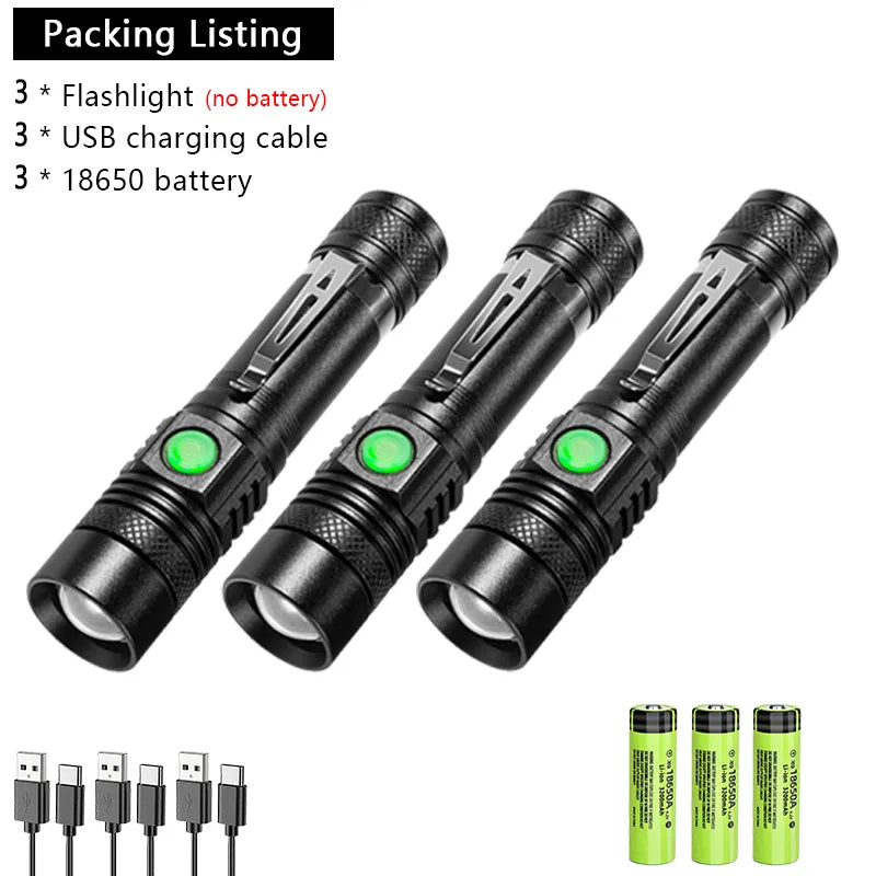 Ultra Bright LED Flashlight With Xml-T6 Lamp Beads Waterproof Torch Zoomable 3 Lighting Modes Multi-Function USB Charging-WAYBIKER