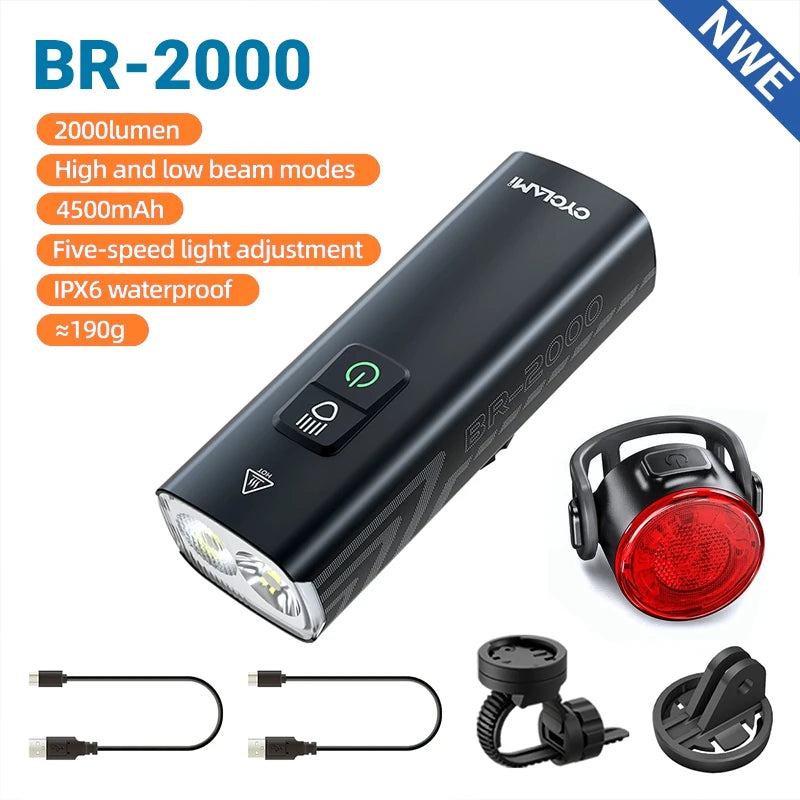 CYCLAMI Bicycle Light BR 2000 1200 Lumens LED Rechargeable Set Road MTB Bike Front Back Headlight Lamp Flashlight Cycling Light