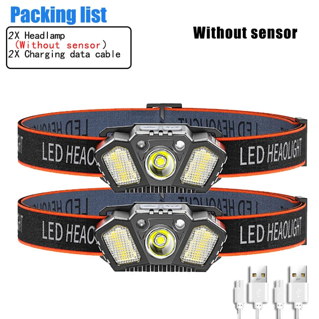 Super Bright LED Sensor Headlamp USB Rechargeable With Red Caution Light 5 Modes Outdoor Fishing Camping Hiking Head Flashlight-WAYBIKER