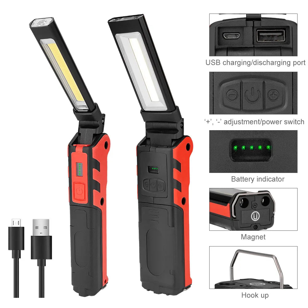 COB LED Work Light Dimmable USB Rechargeable LED Flashlight Inspection Lamp With Magnetic Hook Power Bank 18650 Battery Torch-WAYBIKER