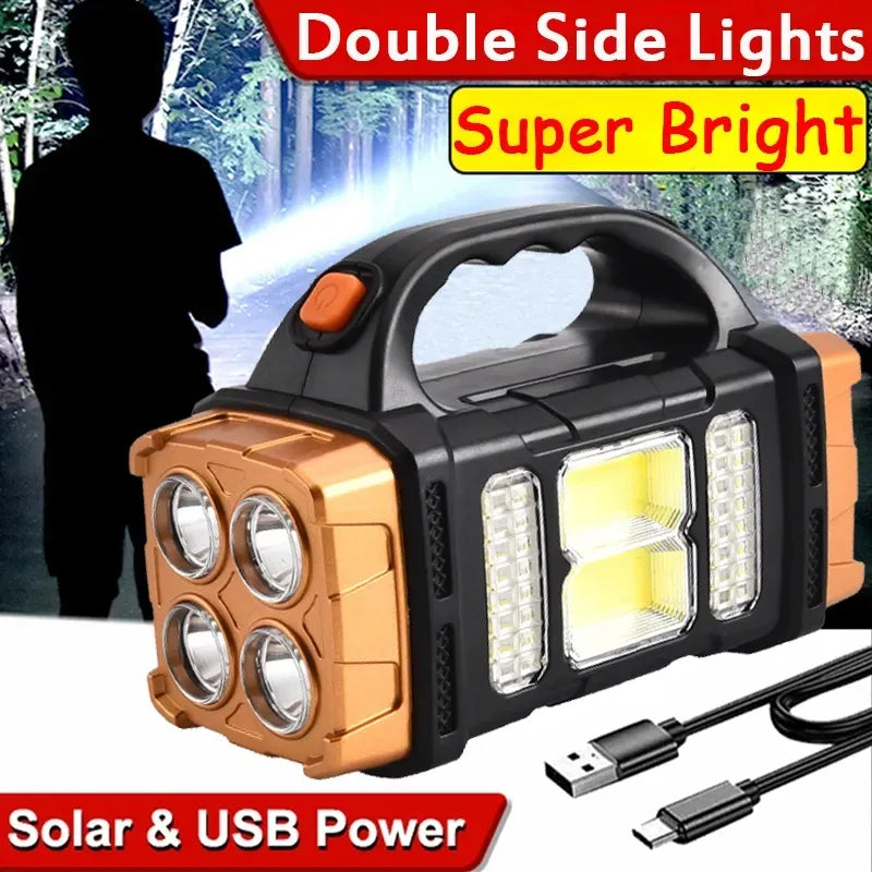 Super Bright Solar LED Flashlight With COB Work Lights Portable Emergency Spotlight Power Bank 4 Modes Outdoor Solar Torch Light-WAYBIKER