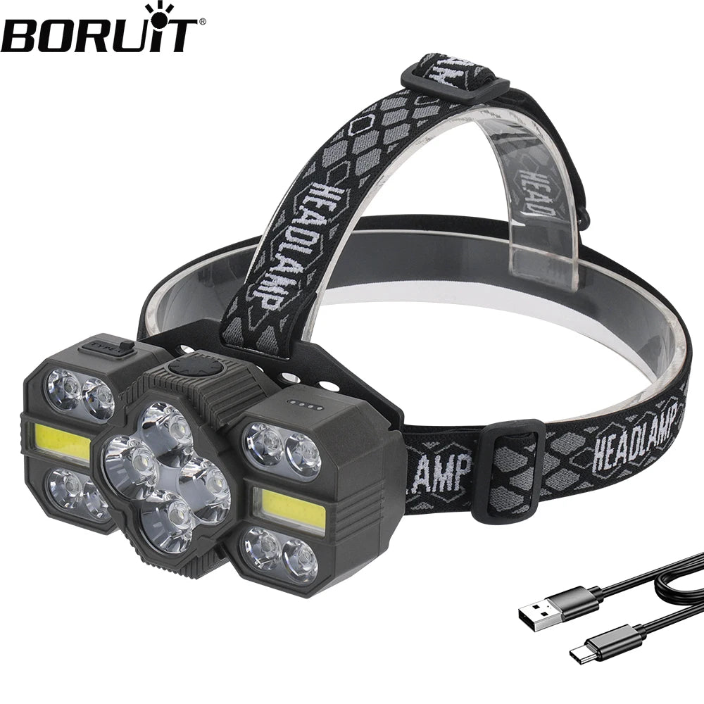 BORUiT 1800LM Powerful LED Headlamp Type-C Rechargeable Headlight Red Light Head Torch Waterproof Fishing Running Lantern-WAYBIKER