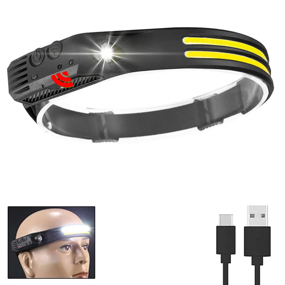 Multi-function Sensor Headlamp COB Head Lamp Flashlight Outdoor USB Rechargeable Waterproof Headlight 5 Lighting Modes Torch-WAYBIKER