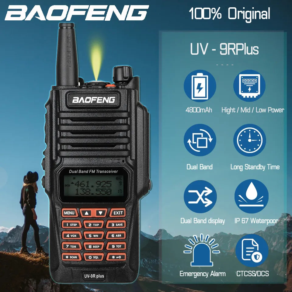 Baofeng UV-9R Plus Hign Power Dual Band 136-174/400-520MHz IP68 Waterproof Ham Radio Walkie Talkie Long Range Third Gear Power-WAYBIKER