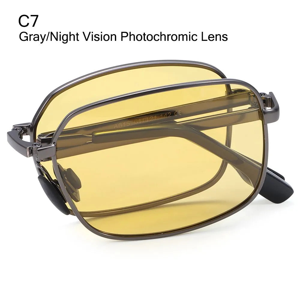 Portable Folding Polarized Sunglasses for Men, Square Metal Frame Photochromic Sunglasses Driving Glasses Night Vision Eyewear-WAYBIKER