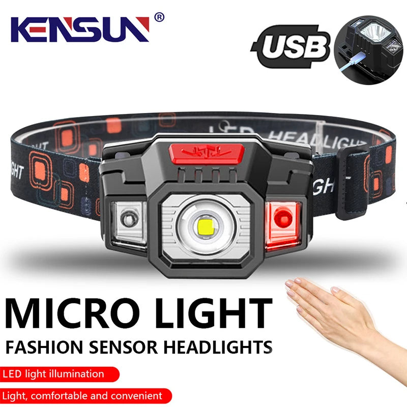 Rechargeable Head Lamp Portable LED Headlamp Outdoor Fishing Flashlight Built in Battery Wave Induction Motion Sensor Headlight-WAYBIKER
