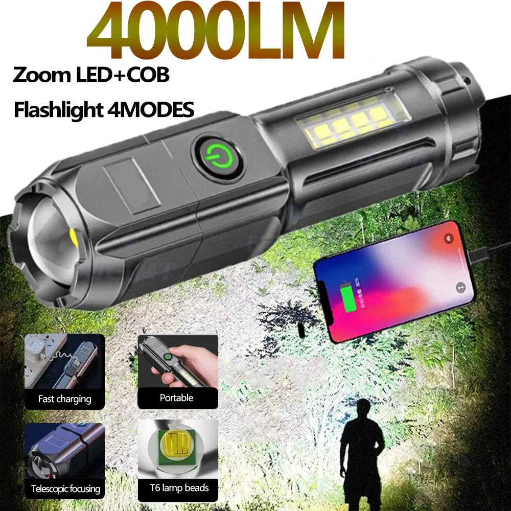 High Power Light Flashlight Outdoor Portable Telescopic Focusing Flashlight COB with Side Lights Dual Light Source Flashlight-WAYBIKER
