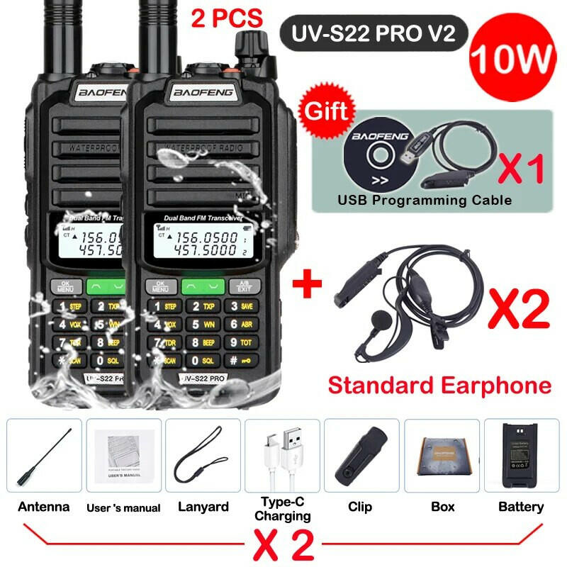 2pcs Baofeng Professional Walkie Talkie 10W Powerful UV S22 PRO IP68 Waterproof VHF UHF Dual Band Two Way CB Ham Radio For Hunt-WAYBIKER