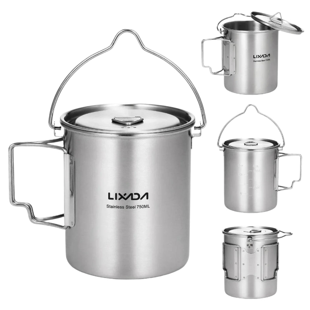 Lixada 750ml Stainless Steel Pot with Lid Hanging Portable Foldable Handle Water Cup for Outdoor Camping Cooking Hiking Picnic-WAYBIKER